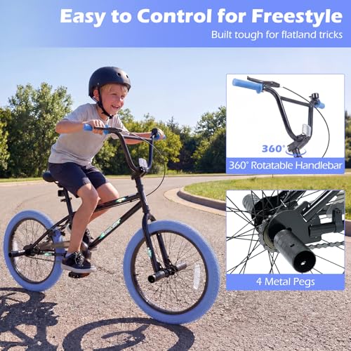 Image of Goplus Freestyle BMX Bike, 20 inch Trick Bicycle w / 360 Degree Steering, 4 Pegs, Adjustable Seat, U-Brake, Hi-Ten Steel Frame, Training Bike for Beginner Riders Teens Youth Boys Girls