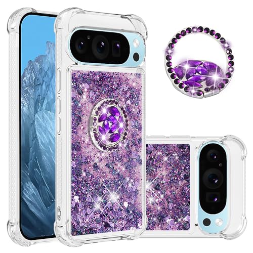 SIYOPINPFY Case for Google Pixel 9 Pro XL Case with Diamond Ring Stand for Women Sparkly Flowing Liquid Quicksand Cover Shockproof Drop Protection Case for Google Pixel 9 Pro XL