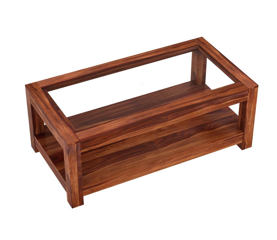 Image of Sheesham Wood Coffee Table for Living Room with Glass Top Multipurpose Tea Table Wooden Centre Table for Home Hall and Office Furniture | Teapoy Table (Honey Finish)