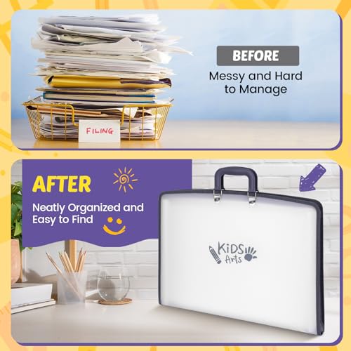 Image of 11x17 Kids Art Portfolio - Accordian File Organizer with 13 Pockets, Art Portfolio for Kids with Handle and Zipper Closure - Oxford Cloth, Frosted Translucent Artwork Folder for Children - 1 Pack