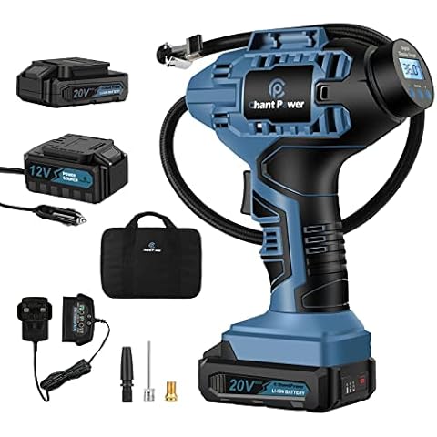 C P CHANTPOWER Tyre Inflator Air Compressor, 20V Cordless Car Tyre Pump with Rechargeable Li-ion Battery, 12V Car Power Adapter, Digital Pressure Gauge Cover