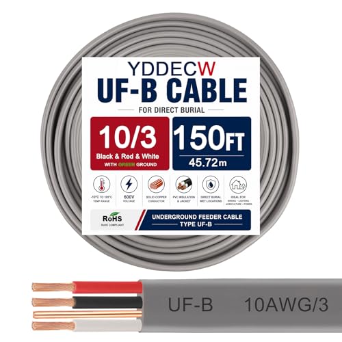 Image of 10 /3 UF-B Wire - 150FT 100% Pure Copper 10AWG 3 Connector Direct Burial Electrical Cable for Underground Feeder Wet or Corrosive Locations Indoor & Outdoor etc
