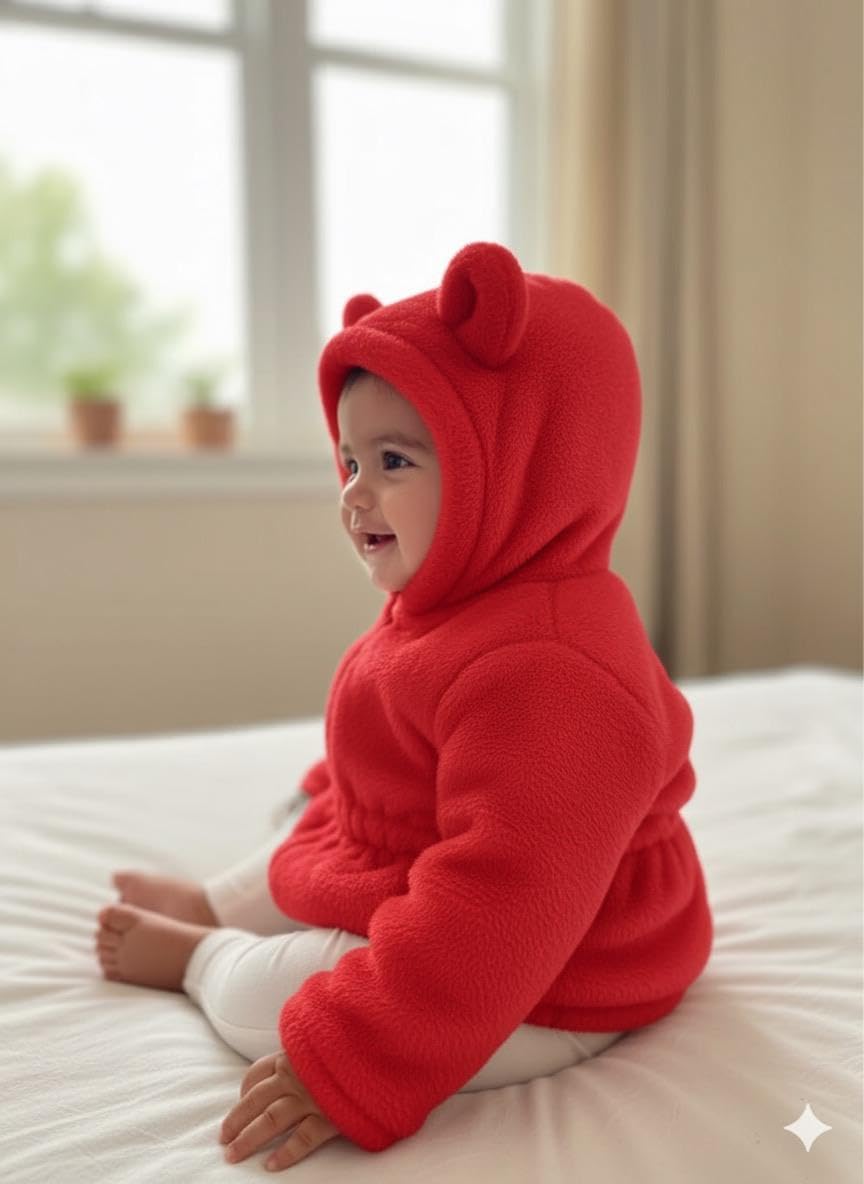 Schsteindar Kids Fleece Hoodie Jacket with Bear Ears,Soft Plush Material, Zip-Up Front, Elastic Waist Design for Baby Boys Girls (IN, Age, 3 Years, 4 Years, Regular, Red) 2
