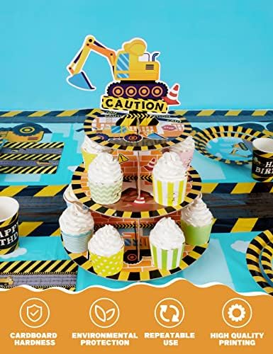 Construction Cupcake Stand - Dump Truck Party Decorations for Boys 3 Tier Cardboard Cupcake Stand Holder Dessert Tower Birthday Party Supplies Baby Shower Round Serving Tray Stand