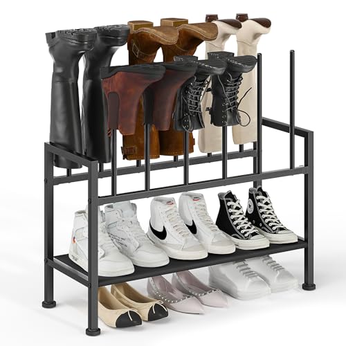 DIMJ Free Standing Shoe Racks - 3-Tier Boot Rack, Black Metal Storage Organizer for Tall Boots...