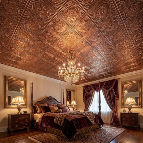 Image of Kayra Decor PVC Ceiling Panel 2x2 Feet (60x60 cm) - Regal Ornate Design, Red Copper | Pack of 12 3D Decorative Ceiling & Wall Panels | Waterproof Home Interior Decor