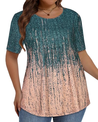 Image of Plus Size Tops for Women Pleated Summer Top Trendy Short Sleeve Shirts Casual Basic Tee Crew Neck Blouses 2026