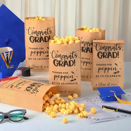 Image of 200 Pcs Class of 2025 Graduation Popcorn Bags Thanks for Popping by Popcorn Bags Bar Supplies Graduation Party Favors Kraft Grease Resistant Paper Congrats Grad for Treat Cookie Snack Goodie