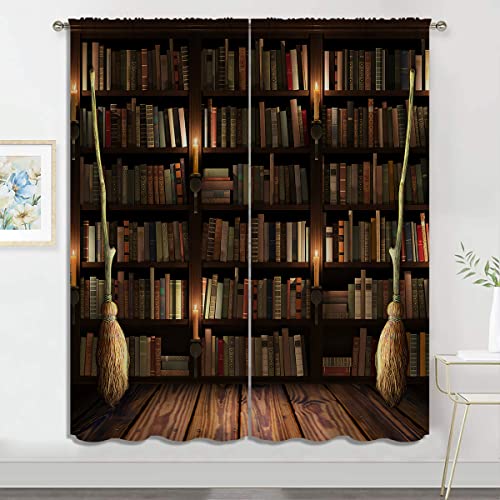 Image of PYMATYTN Bookshelf with Books Blackout Curtains, Boy Girls Bedroom Living Room Darkening Decor Vintage Library Art Painting Rod Pocket Thermal Insulated Window Curtain/Drapes, 42x45 Inch