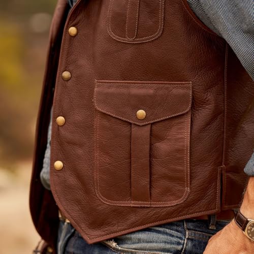 Men Genuine Cowhide Leather Brown Vintage Waistcoat, Western Sleeveless Vest Cowhide3