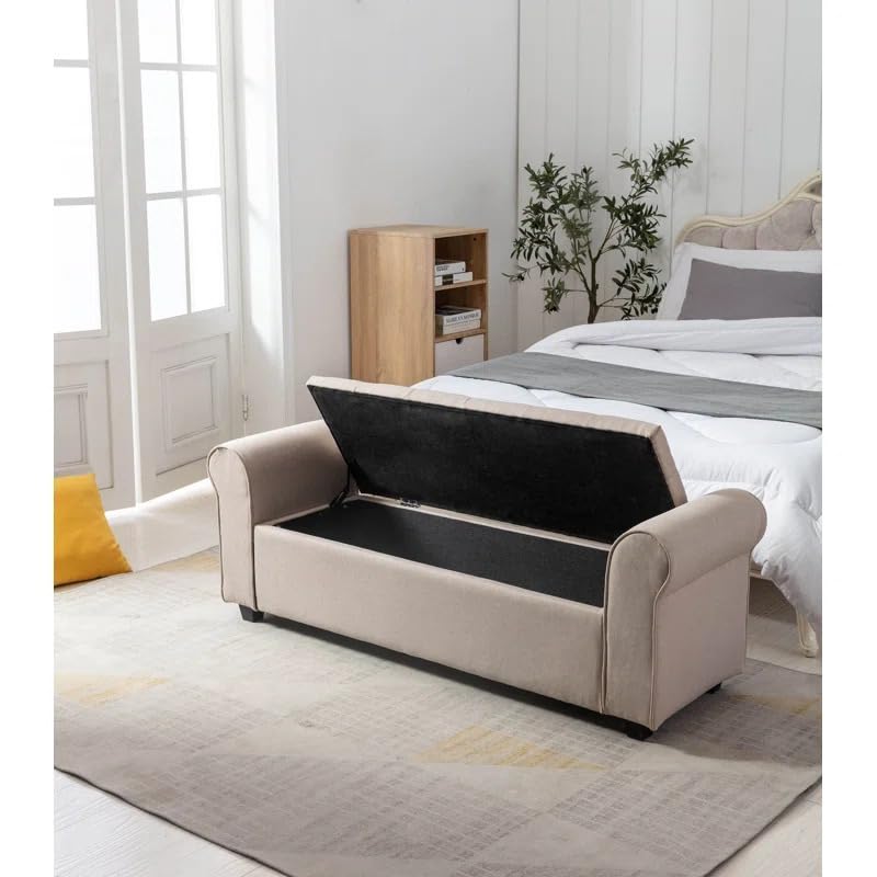 Image of 2 Seater Storage Ottoman Bench with Rolled Arms | Upholstered Fabric Sofa Bench with Hidden Storage | Bedroom Living Room Entryway Seating | Tufted End of Bed Bench Footrest Lounge Seat | Beige