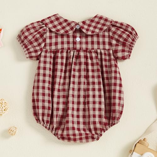 KMBANGI Newborn Baby Girl Clothes Short Sleeve Doll Collar Plaid Romper Bubble Smocked Bodysuit Infant Princess Summer Outfit4