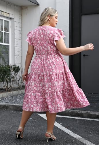 Image of Keluummi Plus Size Midi Dress for Curvy Women Wedding Guest Summer Floral Empire Waist Short Sleeve with Pockets