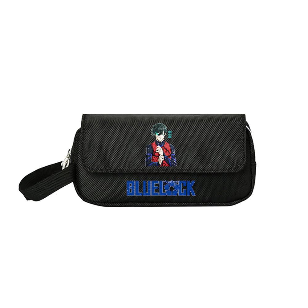LKY STAR Anime Blue Lock Merch Pencil Case for Boys Girls, Black Canvas Double Layers Pencil Pouch with Character Designs, Multi-Compartment Storage Pouch for Students