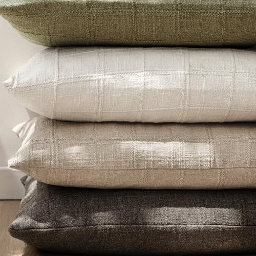 Image of Foindtower Set of 1 Decorative Linen Check Throw Pillow Cover Neutral Farmhouse Vintage Cushion Cover Modern Coastal Boho Home Decor for Sofa Chair Couch Bedroom Living Room,24x24 Inch,Camel