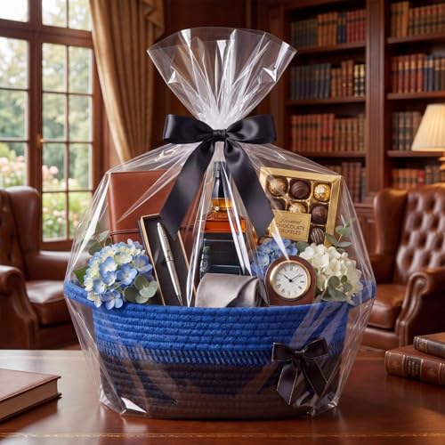 Image of Colingmill 1 Set Woven Basket for Gift Empty with Cellophane Wrap Set 14 x 10 x 5.5 Inch, Medium Decorative Gift Basket Empty to Fill, Cotton Rope Storage Box Decor (Blue Black)
