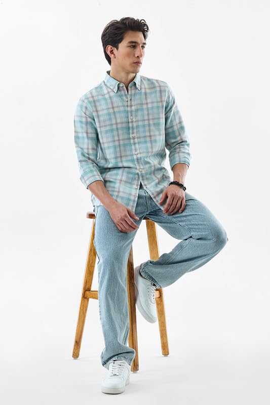 Image of SNITCH Men Casual Shirt | Slim Fit Full Sleeve Button-Down Collar Plaid Design | Polyester Cotton Linen Blend & Breathable Fabric for Everyday Wear