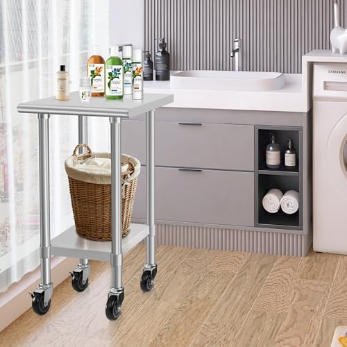 Image of HARDURA Stainless Steel Commercial Table Prep & Work Table with Casters Heavy Duty Metal Table with Wheels NSF 430 24x24 Inches