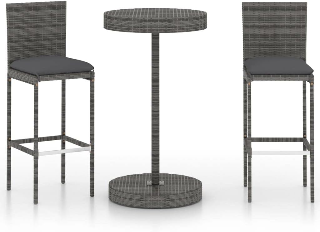 3 Piece Patio Bar Set, Outdoor Wicker Bar Set Bistro Set w/Cushions, All-Weather Patio Rattan Counter Height Dining Set, Patio Conversation Set for Patio Poolside Backyard, Gray