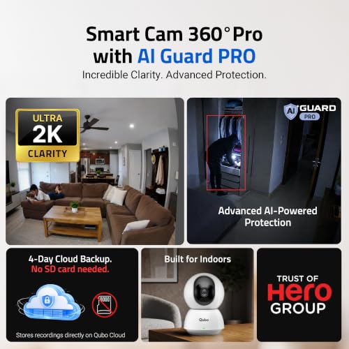 Image of Qubo Smart Cam 360 4MP (Pack of 4) | No SD Card Required, Records Directly on Cloud | AI Guard Pro 12-Month Plan (Cloud Backup Included) | AI-Person Detection | Intruder Alarm | Color Night Vision