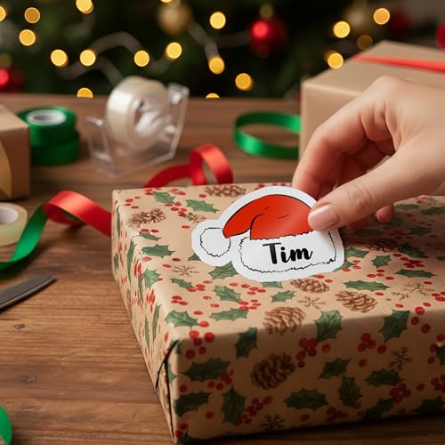 Image of Personalized Christmas Stickers, Custom Name Waterproof Christmas Gift Tags for Gift Box Holiday Decorations, Stockings, Party Favors (Cute Santa Hat)