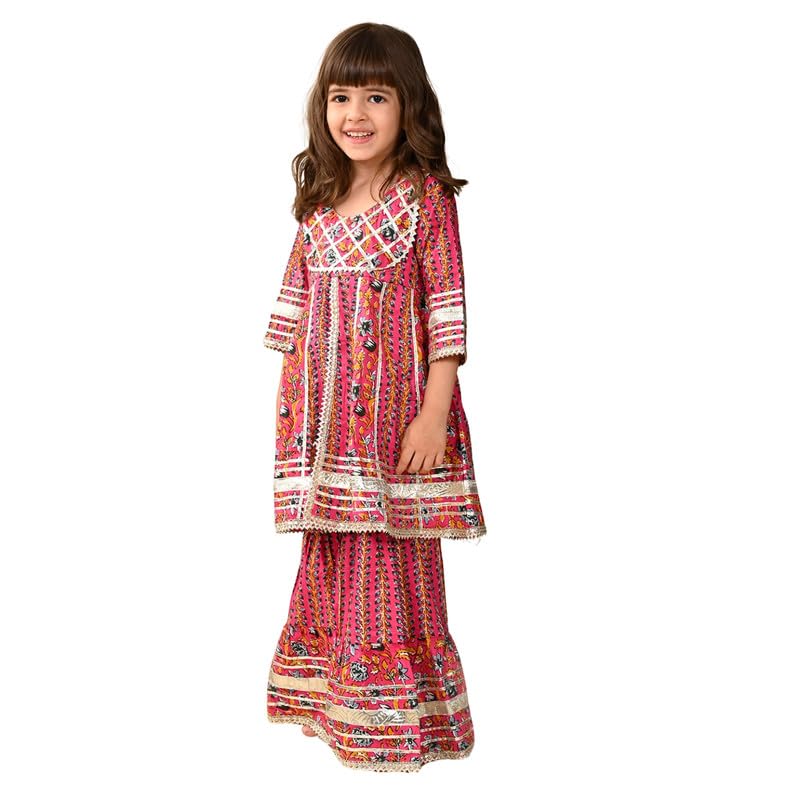 Image of superminis Girls Cotton Floral Printed Gotta Work 3 /4 Sleeves Flared Design Kurti & Sharara Set