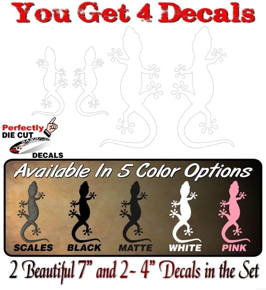 4 Gecko Climbing Vinyl 4" and 7" Decal Set Reptile Lizard Cute Car Decals Pet Terrarium Accessories Stickers (4 Solid White Decal Set) image 2