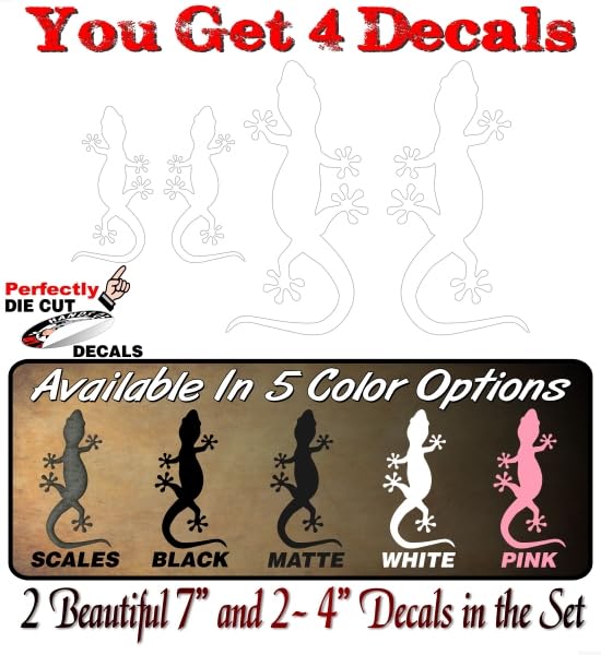 Image of 4 Gecko Climbing Vinyl 4 inch and 7 inch Decal Set Reptile Lizard Cute Car Decals Pet Terrarium Accessories Stickers (4 Solid White Decal Set)