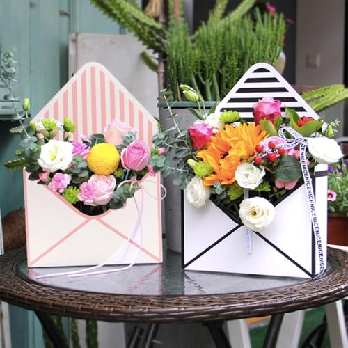 Image of Oasis Pack of 10 Folding Envelope Boxes - Eco-Friendly Flower Gift Bags for Bouquets, Florist Supply, Floral Arrangements Gift Hampers - Paper Bouquet Boxes for Rakhi, Birthday, Diwali, Wedding, Party & More - Black White