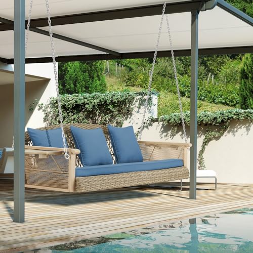 Image of HOMREST 3-Person Wicker Porch Swing with Upgraded Cup Holder, 56 Inch Patio Hanging Swing Bench Chair with Cushions, Outdoor Swing 900lbs Capacity Chains for Deck Garden Backyard (Blue)