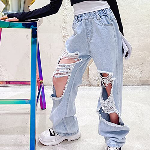 Jhaoyu Kids Girls Ripped Jeans Straight Leg Elastic Waist Printed Hole Summer Casual Denim Pants3