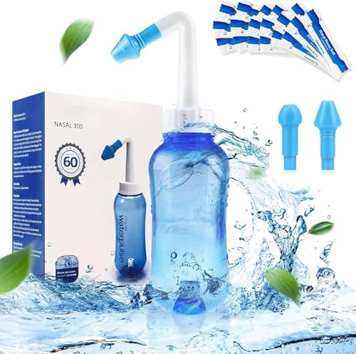 ALMEKAQUZ Nasal Wash Bottle 300ml Neti Pot Neti Pot Sinus Rinsing Kit wtih 60 Packets Neti Pot Sinus Rinse Bottle Nose Cleaner for Adults & Kids(00ml with 60 Salt Packets)