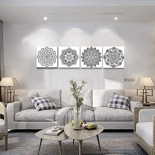 Yxbhhym Mandala Wall Art Black And White Flowers Pattern Canvas Prints Artwork For Wall Floral Pictures Poster Framed Decorations For Office Décor Bathroom Wall Decor -12"X12"Inches X 4 Pcs #TOP1