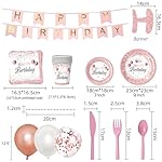 212Pcs Pink Rose Gold Plates Napkins Birthday Party Supplies Disposable Birthday Dinnerware Set,Girls Birthdays Party Plates Pink Sets With Banners Cups Forks knives Spoons Tablecloth Balloon Serve 24 - Image 4
