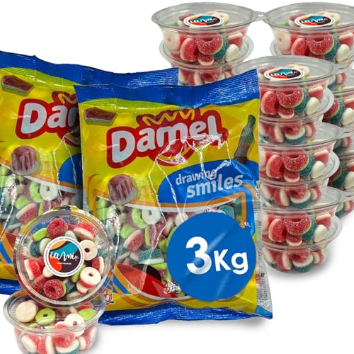 Pack Chuches Variadas Kilo + Botes + Pegatinas | Lote Golosinas Surtidas para Comuniones, Cumpleaños y Bautizos | Chuches para Candy Bar y Fiestas (Pack 3kg, Dulce de azúcar)