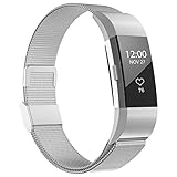 iGK Replacement Bands Compatible for Fitbit Charge 2, Stainless Steel Metal Bracelet with Unique Magnet Clasp Silver Small