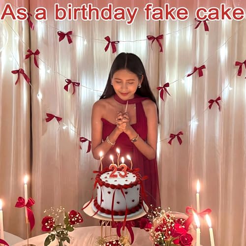 Remerry 6 Inch Red Bow Fake Cake Coquettish Birthday Fake Cake Decor Wedding Dessert Props Reusable Artificial Round Dessert for Props Women Birthday Gift Anniversary Party Decor by Remerry - Image 6