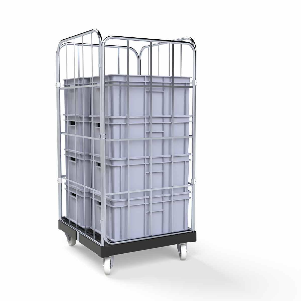 Bac à roulettes 1350 mm de hauteur utile (charge 500 kg), panneau plastique noir, 4 côtés, dimensions 724 x 815 x 1530 mm - Chariot grillagé robuste type Cr3 galvanisé pour garage, entrepôt