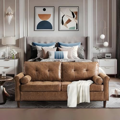 JEEOHEY Small Couch, 64 Inch Mid-Century Modern Faux Leather Upholstered Loveseat Sofa Furniture for Small Space, Living Room, Bedroom, 2 Throw Pillows, Rolled Arm, Comfy Seat & Back Cushion, Brown