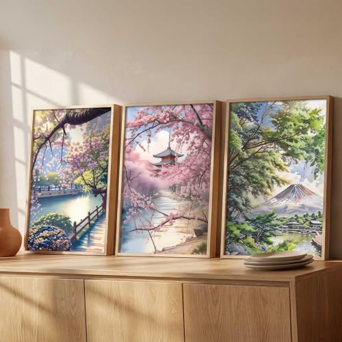 Image of kotart Big Aesthetic Japanese Nature Art View Framed Poster | Mount Fuji Wall Framed Posters for Living Room Bedroom Wall Decor Set Of 3 (35x37 Inch)