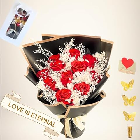 Forever Rose Bouquet in a Box + 3 Butterflies + Glitter + Card, Flowers for Delivery Prime, Anniversary Valentine's Day Birthday Gifts For Women, Rosas Eternas, Regalos de Cumpleaños Para Mujer Cover