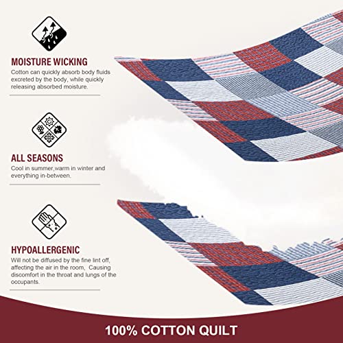 Y-Plwomen Quilt Set Queen Size, 100% Cotton Queen Quilt, Blue Red White Patchwork Plaid Quilt Sets Queen, Lightweight Reversible Soft Bedspreads Queen Size All Season, 3-Pieces #TOP3