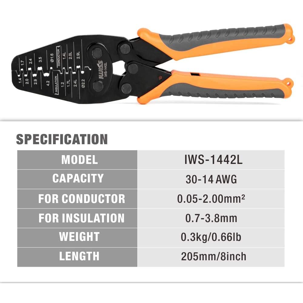 IWS-1442L - Alicates para crimpar AWG30-14 de barril abierto y conectores de Molex, TE AMP, JST, JAE, HRS