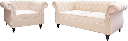 Miniatura 15 de QHITTY Juego de 2 piezas para sala de estar, Sofá Seccional Chesterfield Silla Contemporáneo Tapizado de Terciopelo Loveseat Juego de Sofás para