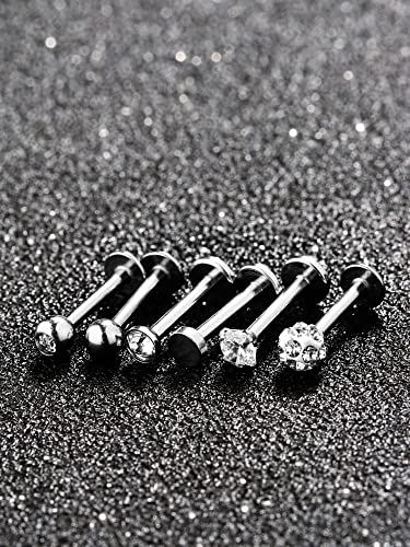 12pc Stainless Steel Nose Studs Tragus Bars Labret Bars Crystal Ball Body Piercing Jewelry, 6 Designs, 16 Gauge3