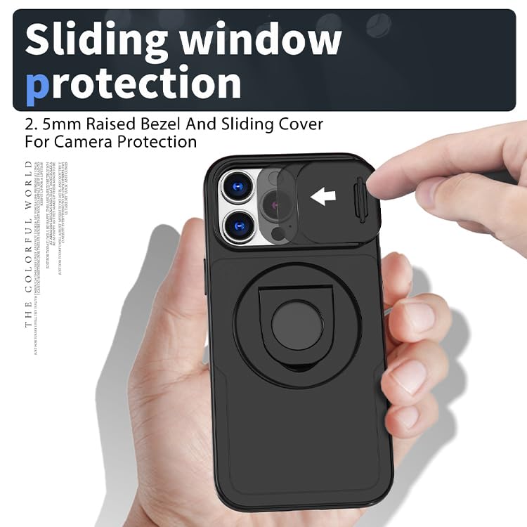 Image of LuxuryKase MagSafe Shockproof Rugged Back Case for iPhone 15 Pro Max | Finger Ring Kickstand & Sliding Camera Cover | Military Drop Protection | Wireless Charging Support - Black