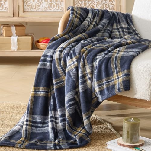 Image of BEDELITE Plaid Fleece Twin Blanket, Navy Tartan 60x80 Inches