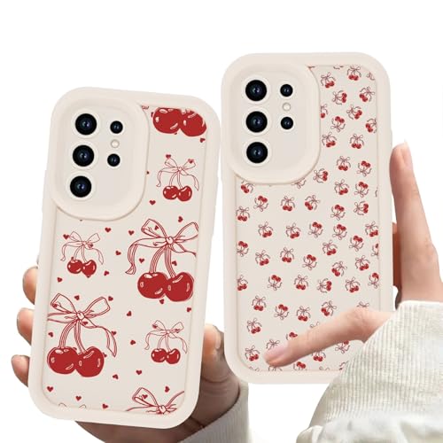 Zrutru 2 Pack Cherry Phone Case for Samsung Galaxy S21 Ultra 5G S30 Ultra 6.8",Cute Aesthetic Cases Kawaii Bow Design Pattern Cover for Girls Women,Beige Soft Anti-Scratch Shockproof Protection Funda