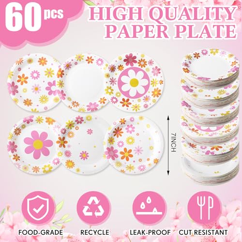 Image of Funnymoom 60 Pcs 7 Inch Groovy Daisy Birthday Paper Plates Retro Hippie Boho Disposable Dessert Plates Flower Party Supplies for Birthday Bridal Baby Shower Wedding Tea Party Decoration