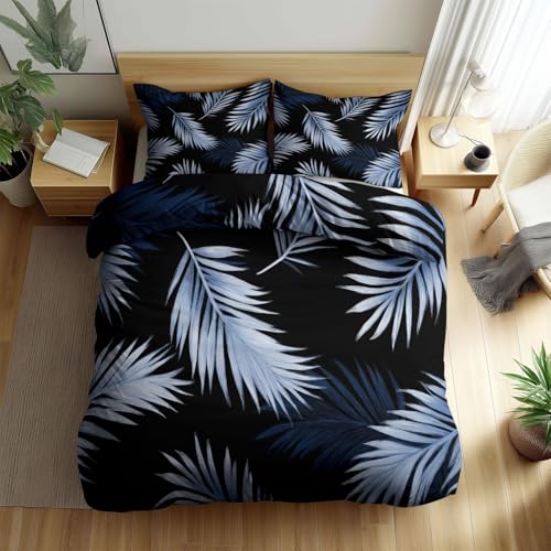 CozyRest Funda Nórdica Hoja de Palma Transpirable para Cama 180, Antiestático Funda Edredon 280 x 240 cm y 2 x Fundas de Almohada de 50x75 cm Hipoalergénico Fundas Nórdica Negro